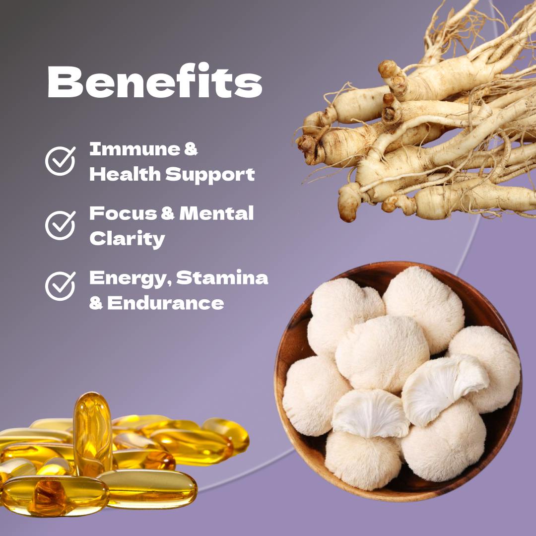 A visual breakdown of Focus Complex benefits, showcasing its impact on immune support, mental clarity, and energy levels.