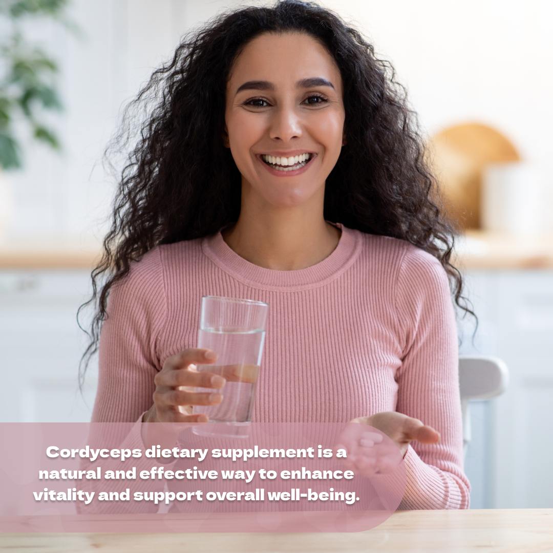 Woman taking Cordyceps supplement for energy, vitality, and immune support