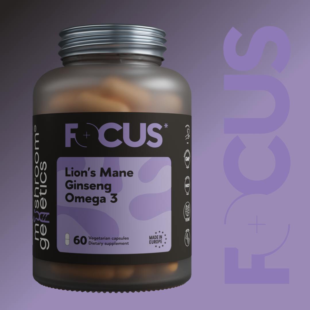 A bottle of Focus Complex supplement featuring Lion’s Mane, Korean Ginseng, and Omega-3 for cognitive enhancement and mental clarity.