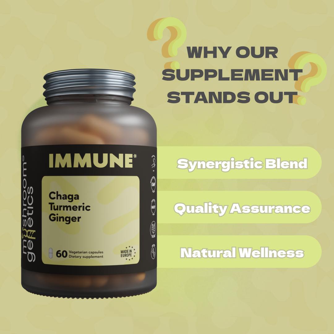 IMMUNE supplement bottle highlighting key advantages: Synergistic Blend, Quality Assurance, and Natural Wellness.