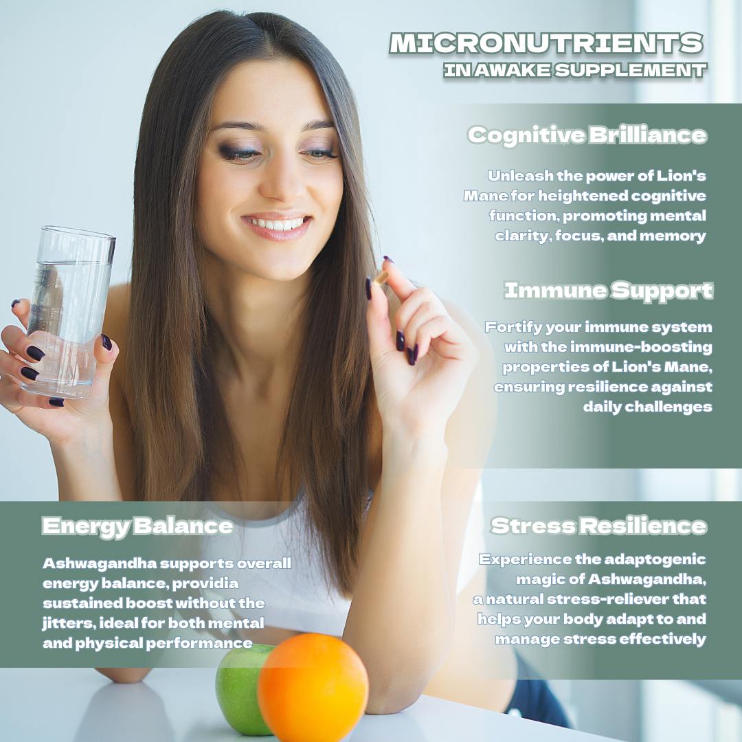 Smiling woman holding a glass of water and an Awake capsule, promoting focus, stress relief, and natural energy boost