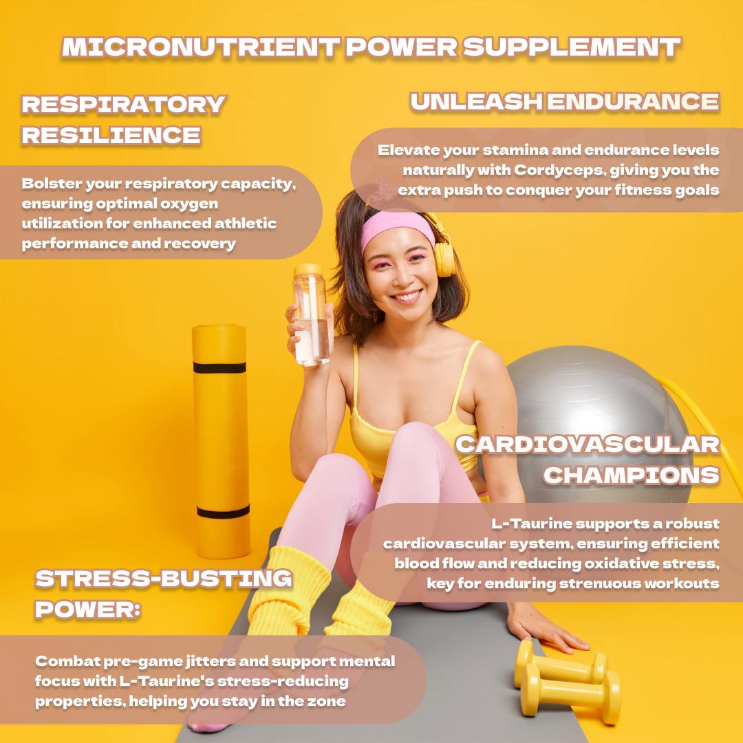 Smiling woman in yellow sportswear highlighting the Power Supplementβs benefits β respiratory resilience, endurance, cardiovascular health, and stress support.