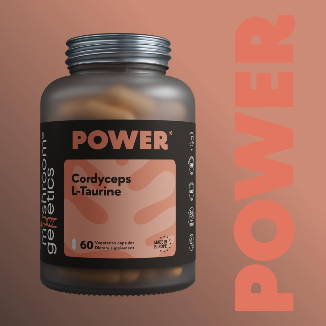 Mushroom Genetics Power Supplement β Cordyceps and L-Taurine blend in a sleek black bottle with a modern orange label.