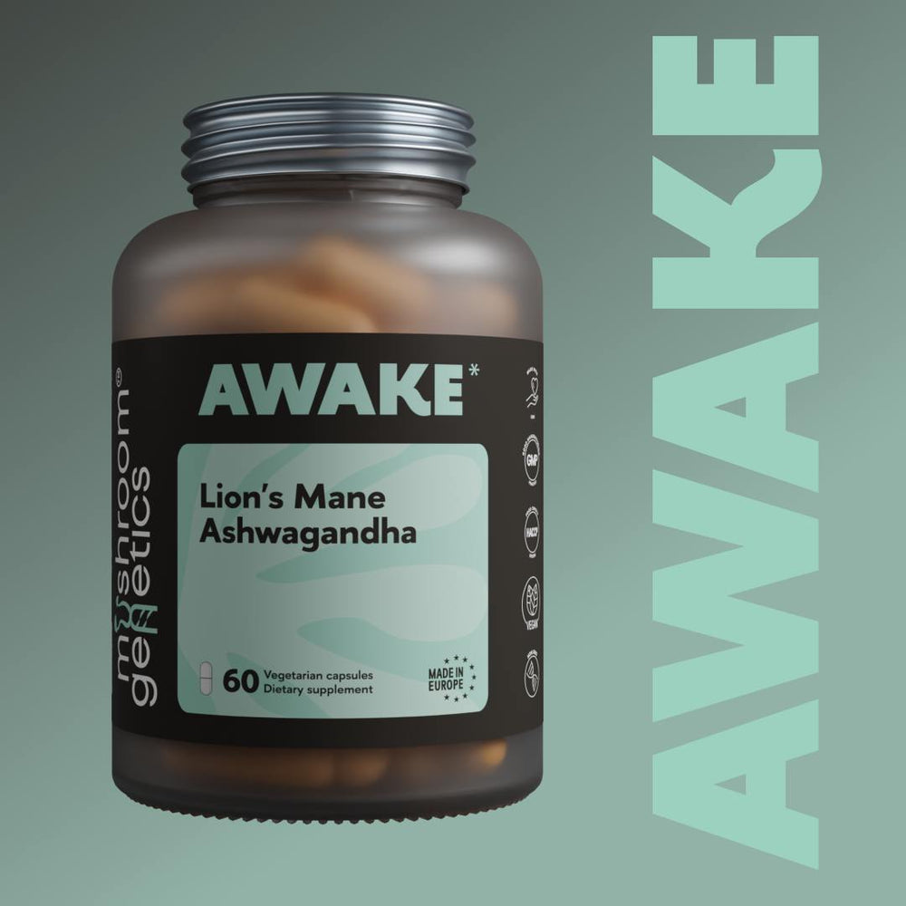 Awake supplement bottle featuring Lion’s Mane and Ashwagandha, designed for cognitive function, energy balance, and stress relief.