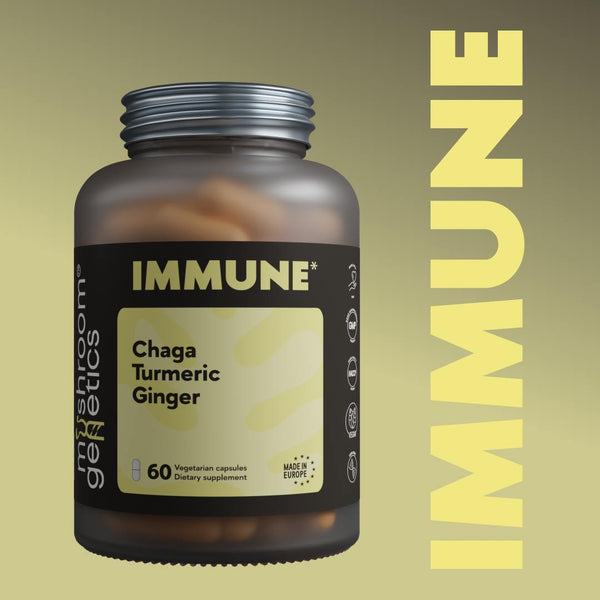 IMMUNE supplement bottle featuring Chaga, Turmeric, and Ginger for immune support, digestive health, and antioxidant protection