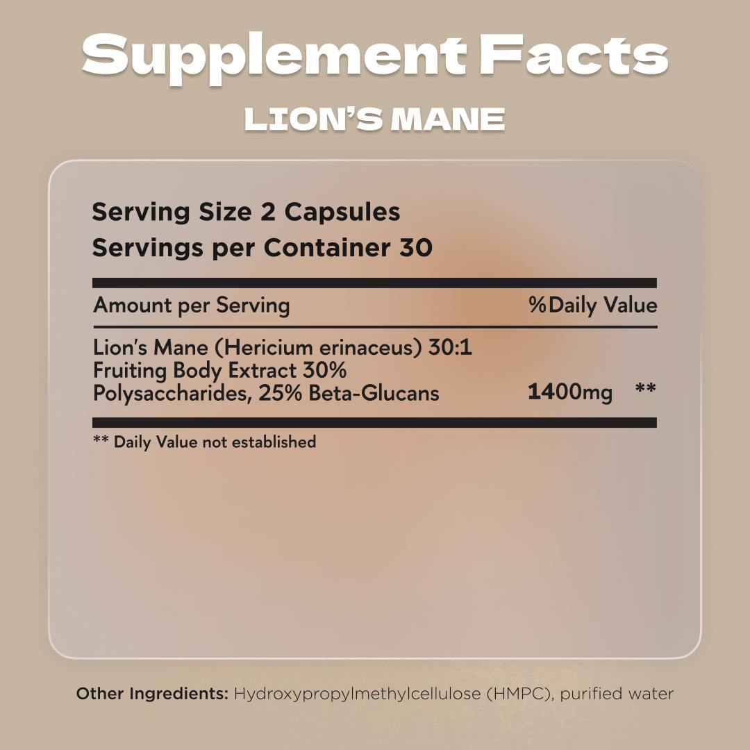 
                  
                    Supplement Facts of Lion's Mane Memory Supplement - 1400mg Fruiting Body Extract with 25% Beta-Glucans
                  
                
