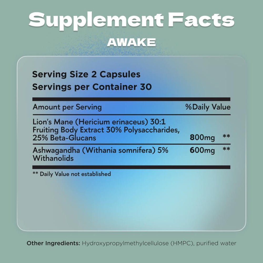 Awake supplement nutrition facts label showing Lion’s Mane (800mg) and Ashwagandha (600mg) per serving, with 60 vegetarian capsules per bottle.