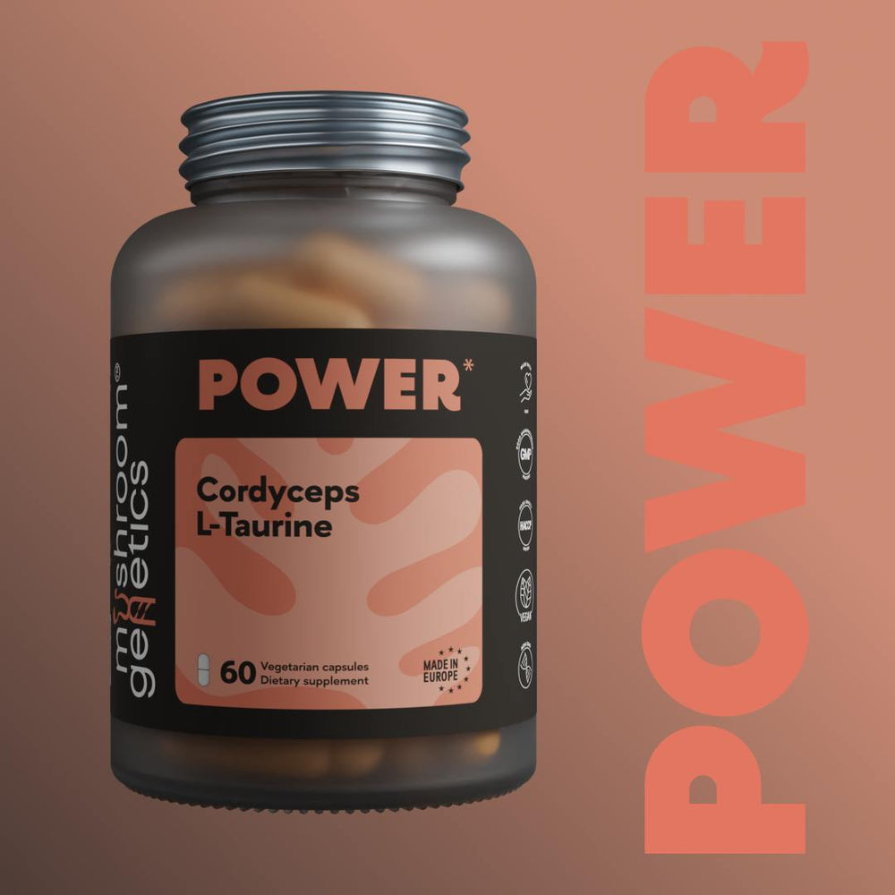 Mushroom Genetics Power Supplement – Cordyceps and L-Taurine blend in a sleek black bottle with a modern orange label.